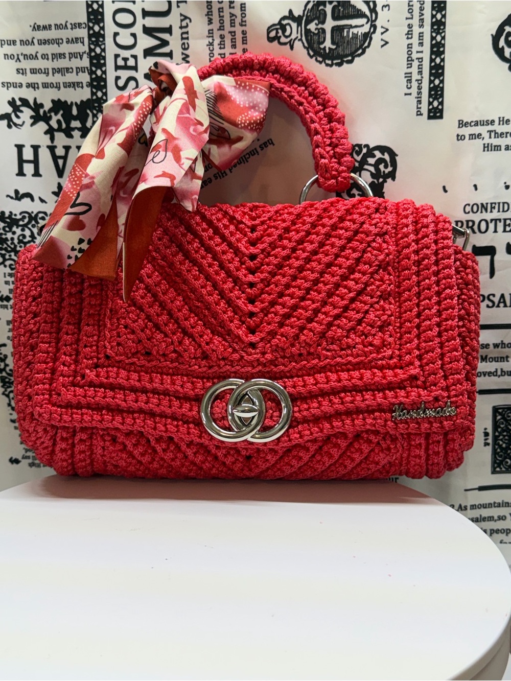 Handcrafted Red Crochet Top-Handle Bag with Scarf Accent - Picture 4 of 8